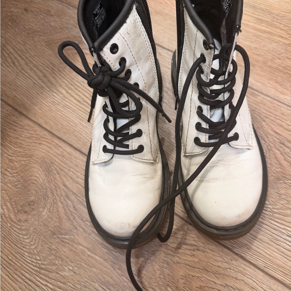 White Doc Martens Lace-Up Combat Boots with Black Trim - kids